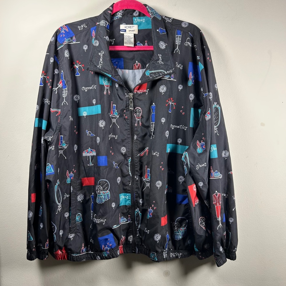 Koret Sport Windbreaker Jacket Womens 24W Black 90s Novelty Vanity Print Zip Up
